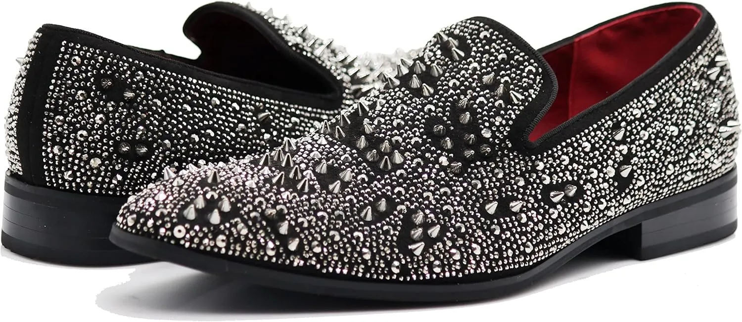Enzo Romeo Men Fashion Rhinestones Studs Tuxedo Slip On Loafer Dress Shoes WBG