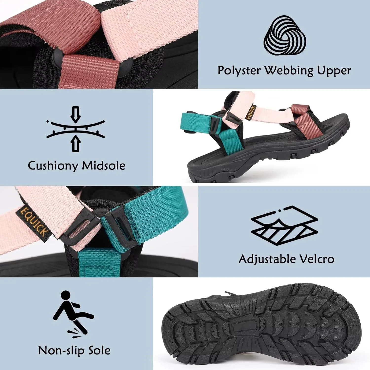EQUICK Sport Sandals for Women, Open Toe Strap Sandal Anti-skidding Outdoor Water Sandals Comfortable Athletic Sandals for Beach