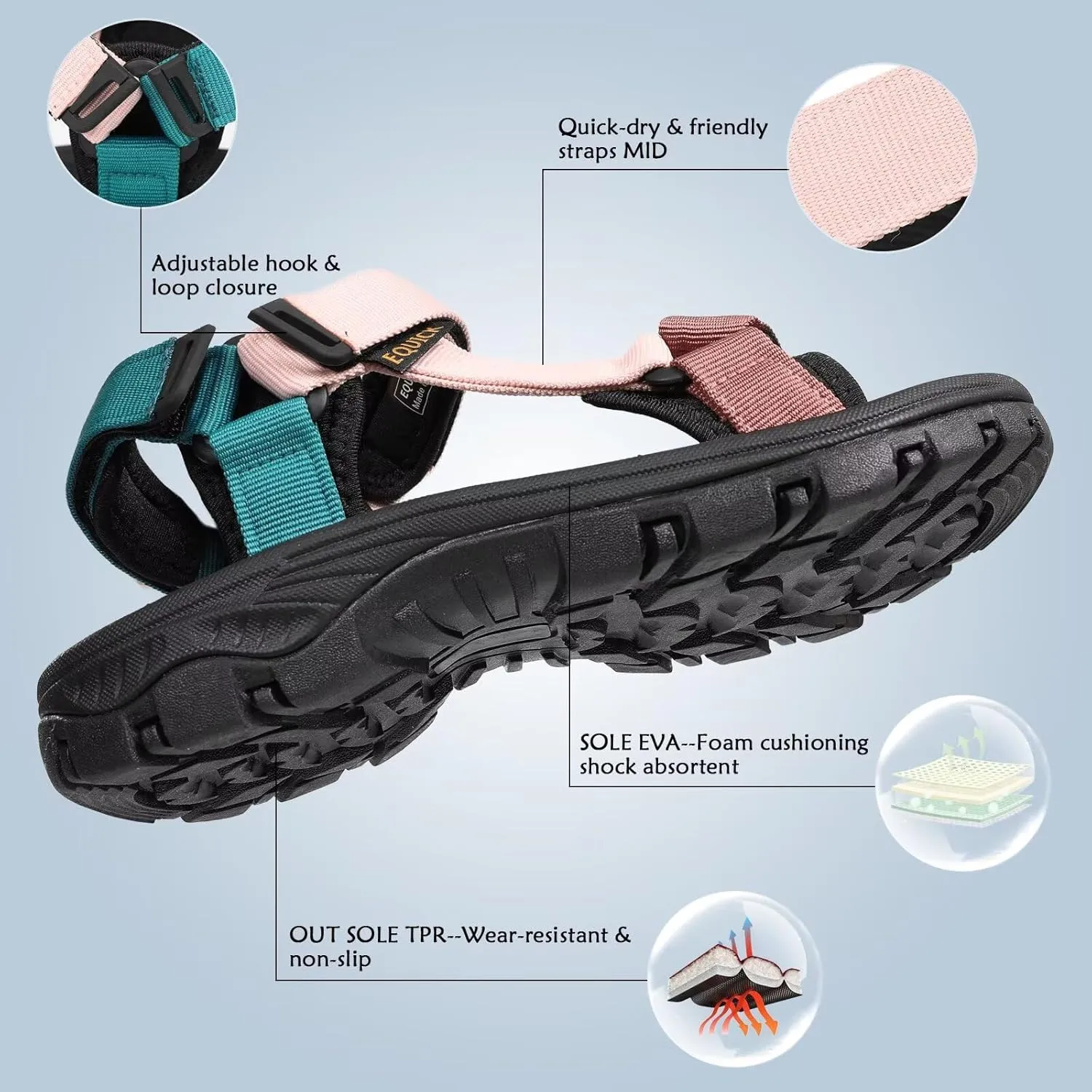 EQUICK Sport Sandals for Women, Open Toe Strap Sandal Anti-skidding Outdoor Water Sandals Comfortable Athletic Sandals for Beach
