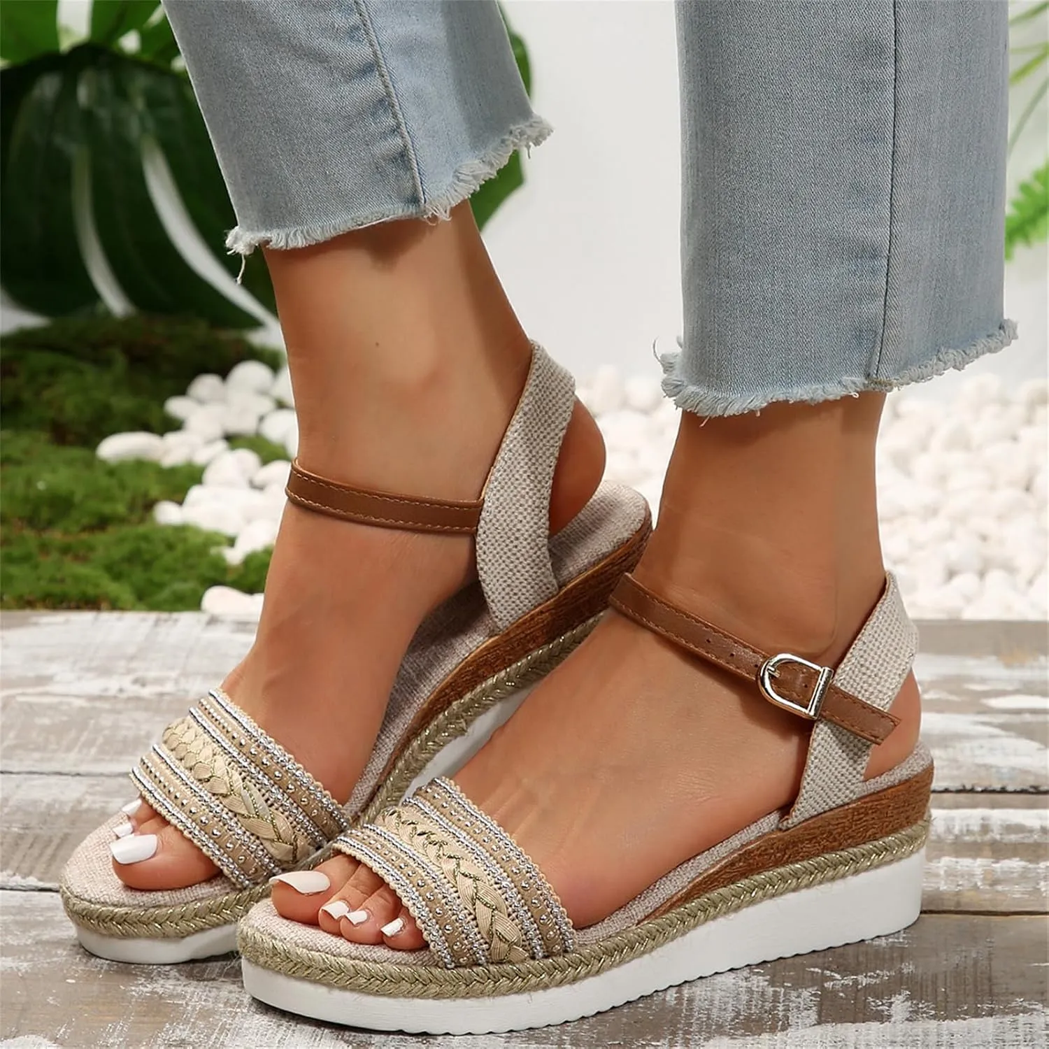 Espadrilles Wedge Sandals for Women Open Toe Dressy Platform Sandals Buckle Ankle Strap Stylish Wedges Comfortable and Soft Footbed
