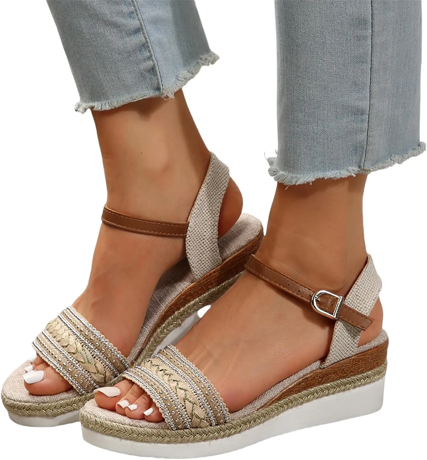 Espadrilles Wedge Sandals for Women Open Toe Dressy Platform Sandals Buckle Ankle Strap Stylish Wedges Comfortable and Soft Footbed