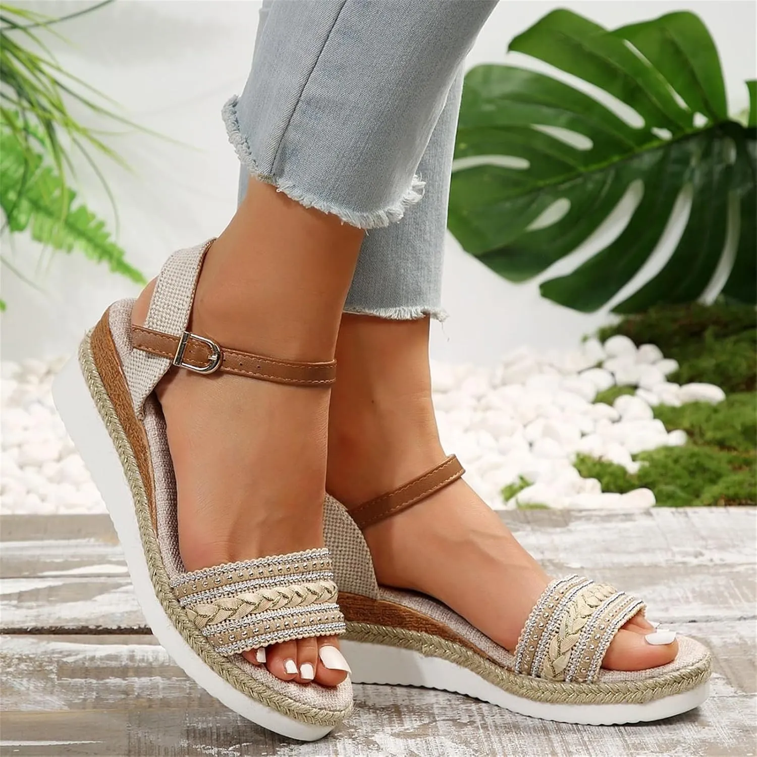 Espadrilles Wedge Sandals for Women Open Toe Dressy Platform Sandals Buckle Ankle Strap Stylish Wedges Comfortable and Soft Footbed
