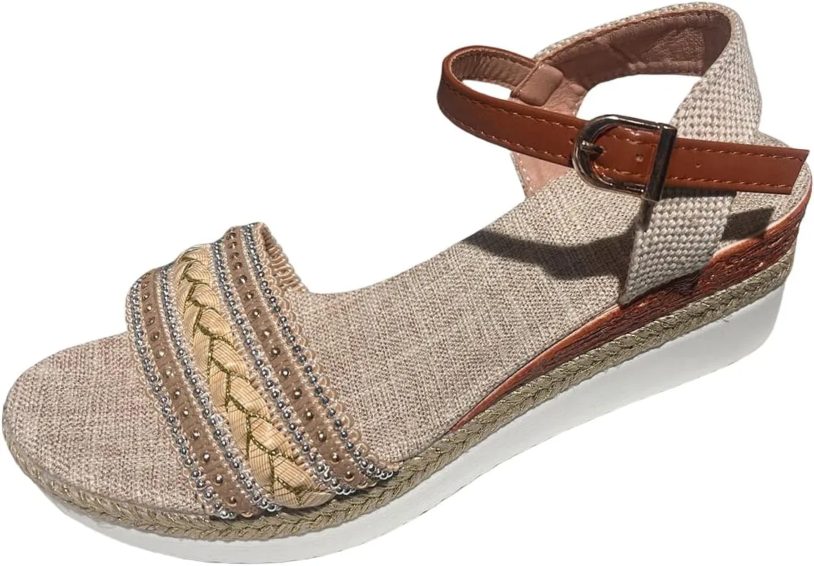 Espadrilles Wedge Sandals for Women Open Toe Dressy Platform Sandals Buckle Ankle Strap Stylish Wedges Comfortable and Soft Footbed