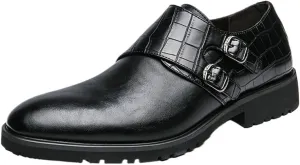 Fashion Buckle Slip-on Loafer Crocodile Print Round Burnished Toe PU Leather Anti-Slip Block Heel Dress Shoes