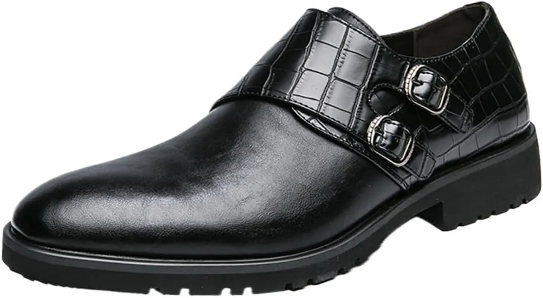 Fashion Buckle Slip-on Loafer Crocodile Print Round Burnished Toe PU Leather Anti-Slip Block Heel Dress Shoes