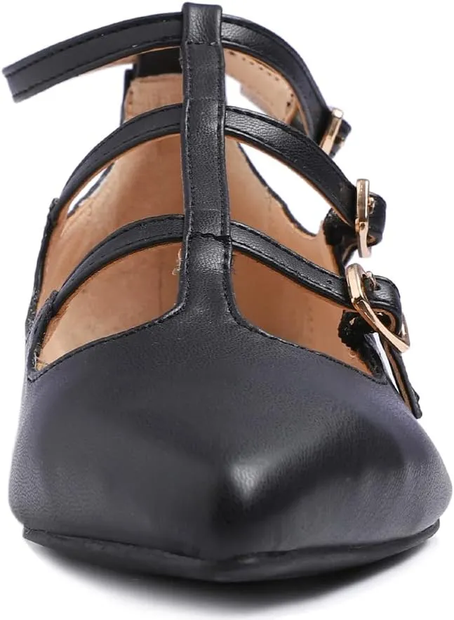 FEVERSOLE Women's Pointed Mary Jane Shoes Fashion Strap Buckle Slip On Flats