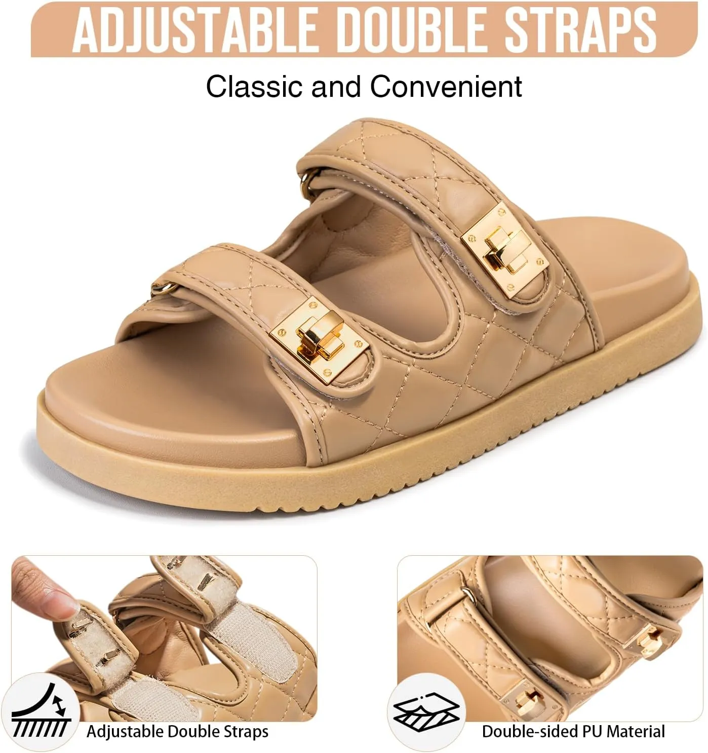 FITORY Women's Flat Sandals Classic Adjustable Double Strap with Cushioned Footbed for Summer Size 6-11