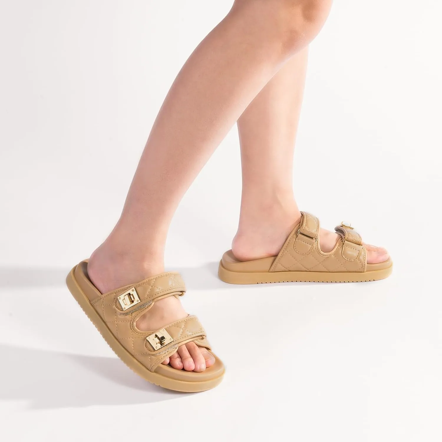FITORY Women's Flat Sandals Classic Adjustable Double Strap with Cushioned Footbed for Summer Size 6-11