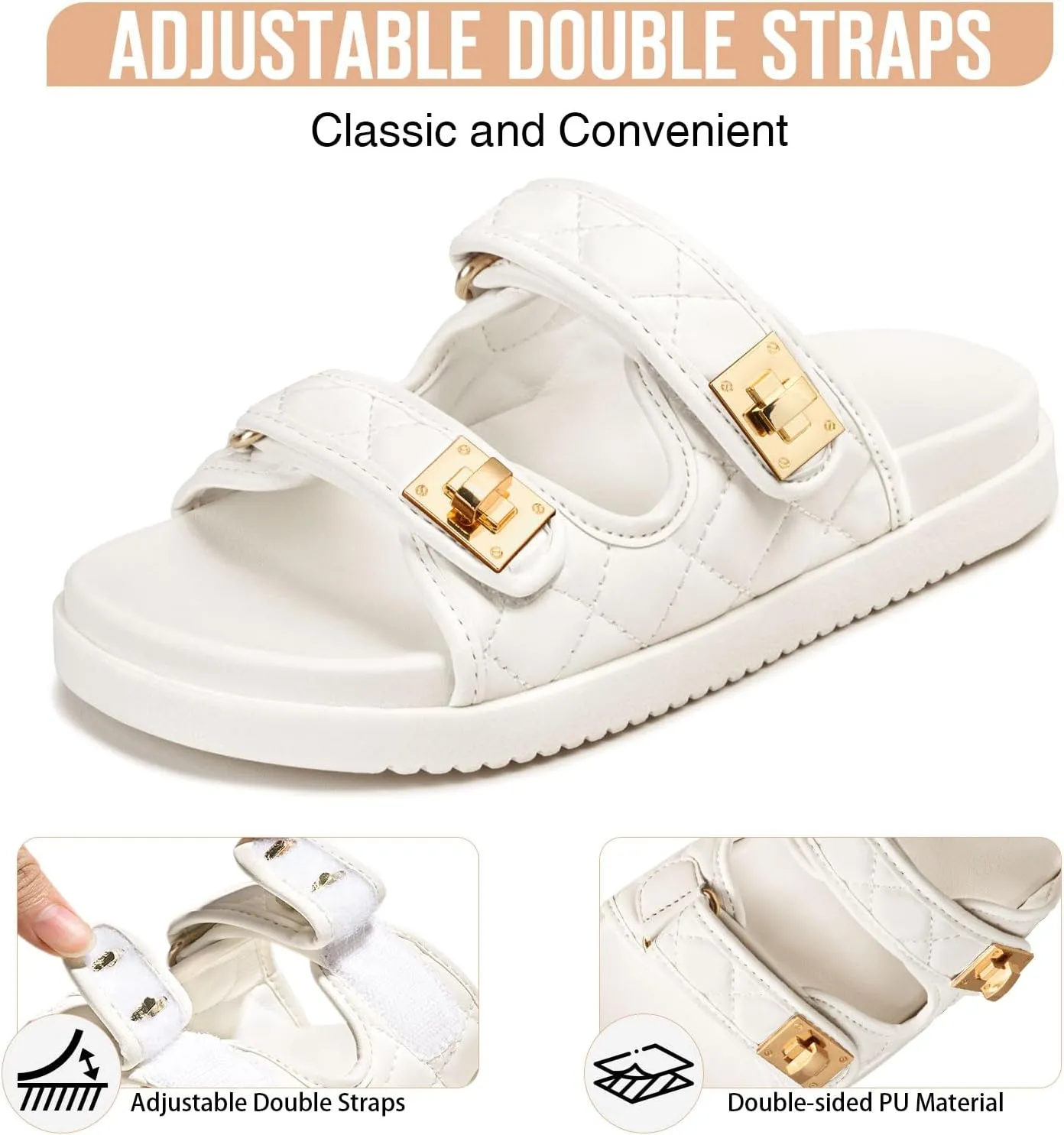 FITORY Women's Flat Sandals Classic Adjustable Double Strap with Cushioned Footbed for Summer Size 6-11
