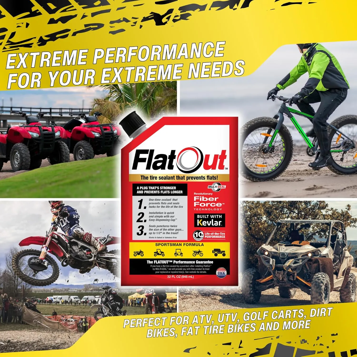 Flat Out Off Road Tire Sealant, Sportsman Formula, Prevents Flat Tires, Fix a Flat Tire, Seals Leaks, Contains Kevlar, 32 Ounce Bag, 4-Pack