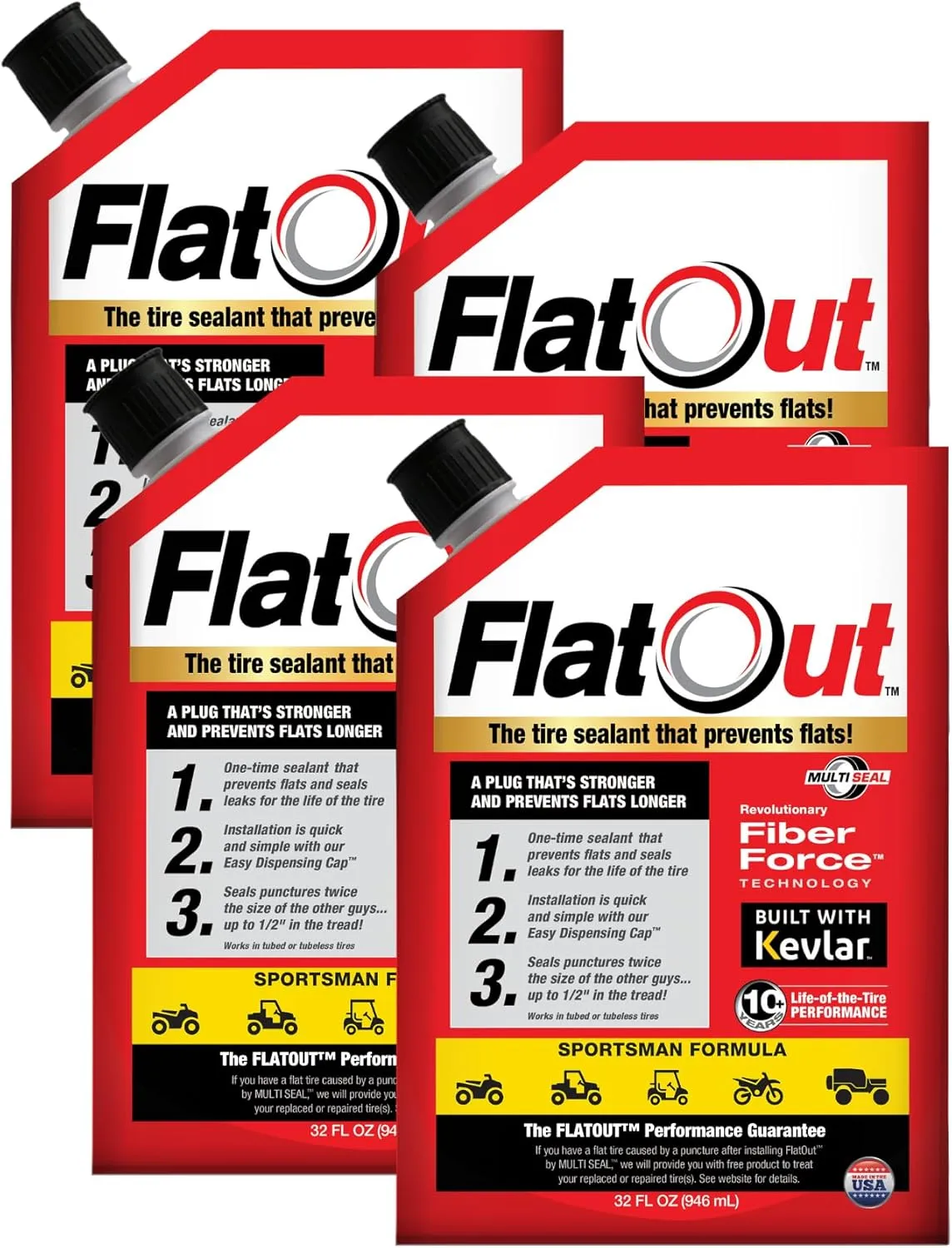 Flat Out Off Road Tire Sealant, Sportsman Formula, Prevents Flat Tires, Fix a Flat Tire, Seals Leaks, Contains Kevlar, 32 Ounce Bag, 4-Pack