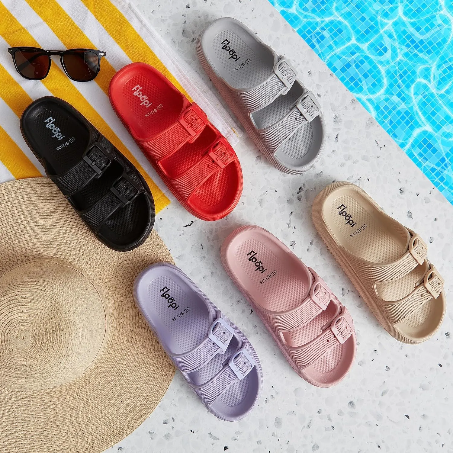 Floopi Womens Slides with Cloud Support, Slides for Women Non Slip Bathroom Shower Sandals for Women with Indoor & Outdoor Anti-Skid Soles.