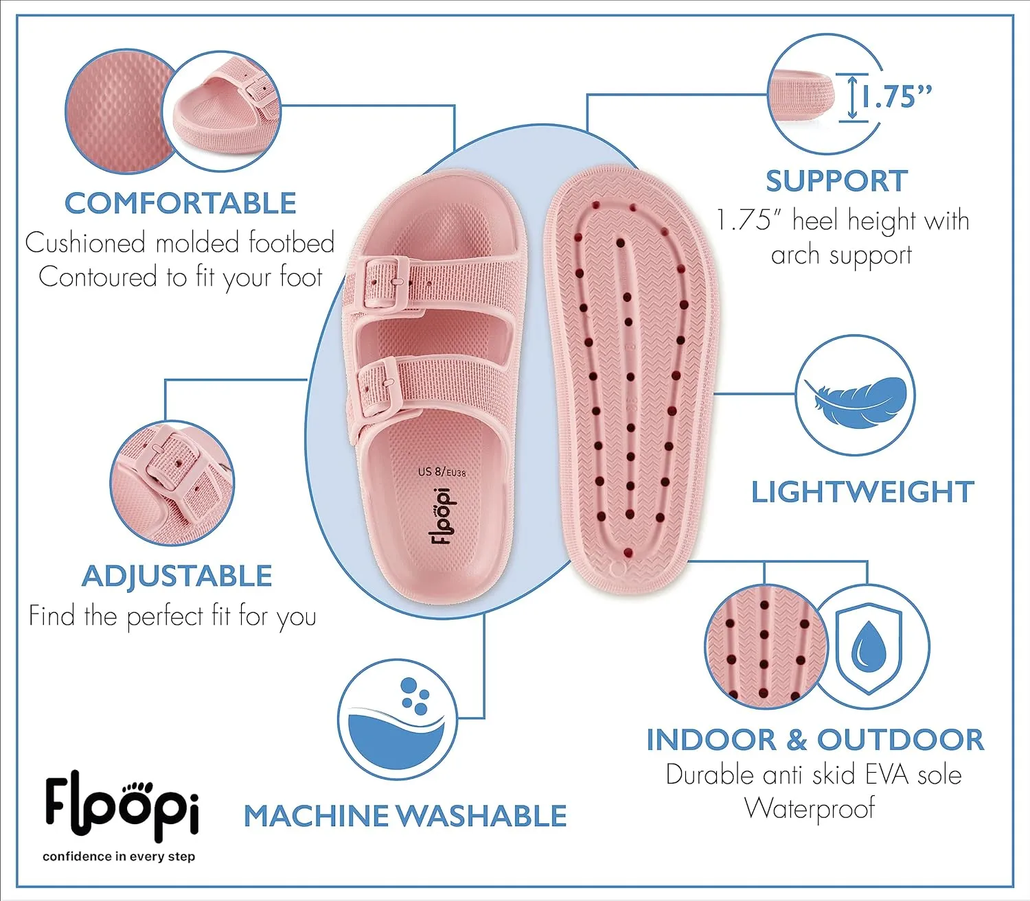 Floopi Womens Slides with Cloud Support, Slides for Women Non Slip Bathroom Shower Sandals for Women with Indoor & Outdoor Anti-Skid Soles.