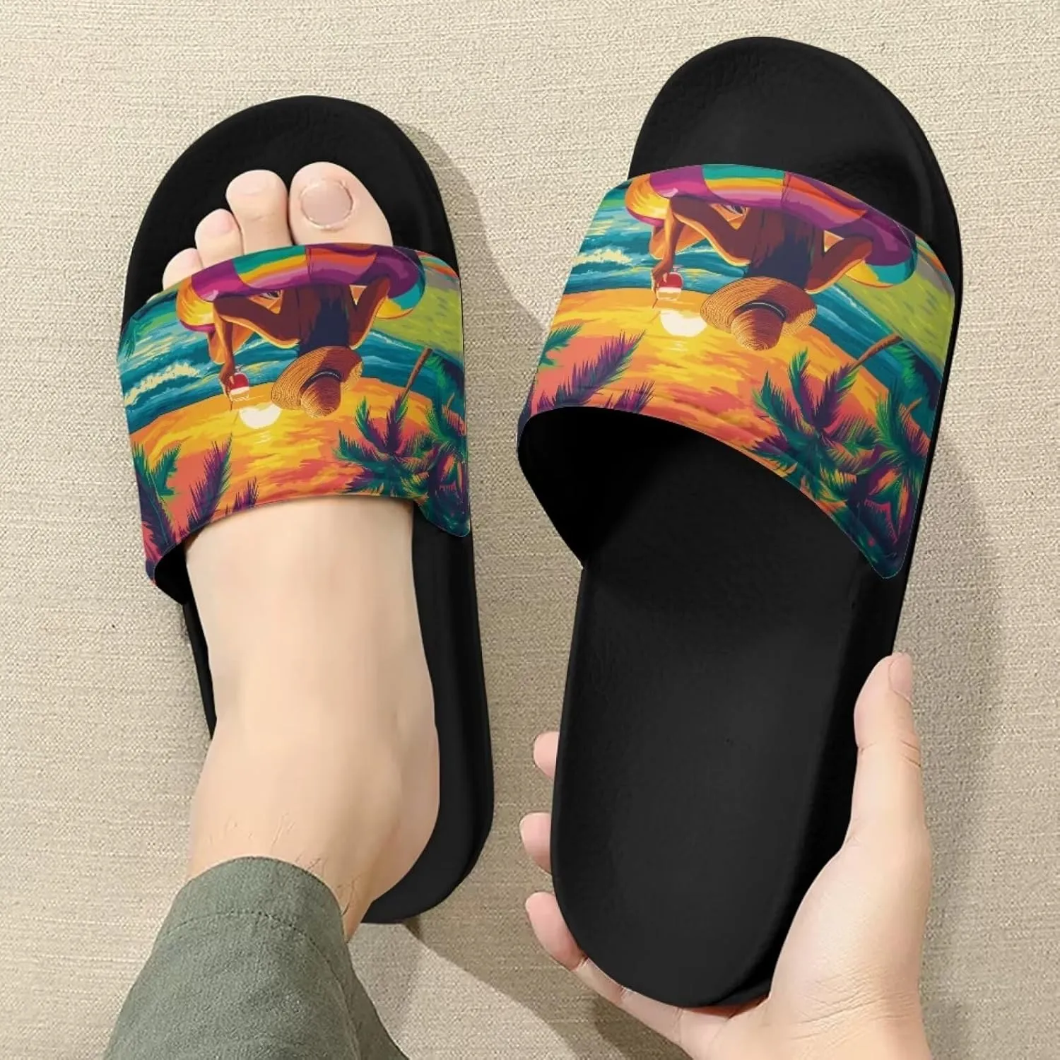 Forchrinse Black Cat Music Note Womens Causal Slide Sandals,Soft Non Slip Open Toe Slippers Flip Flop EVA Flat Sandals