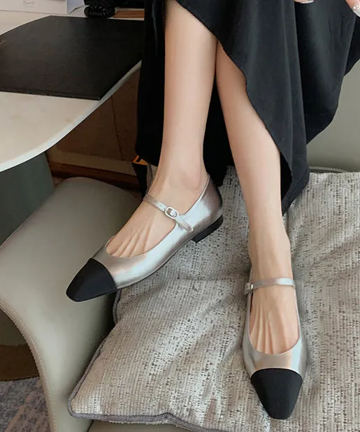 French Silver Square Toe Buckle Strap Splicing Flat Shoes