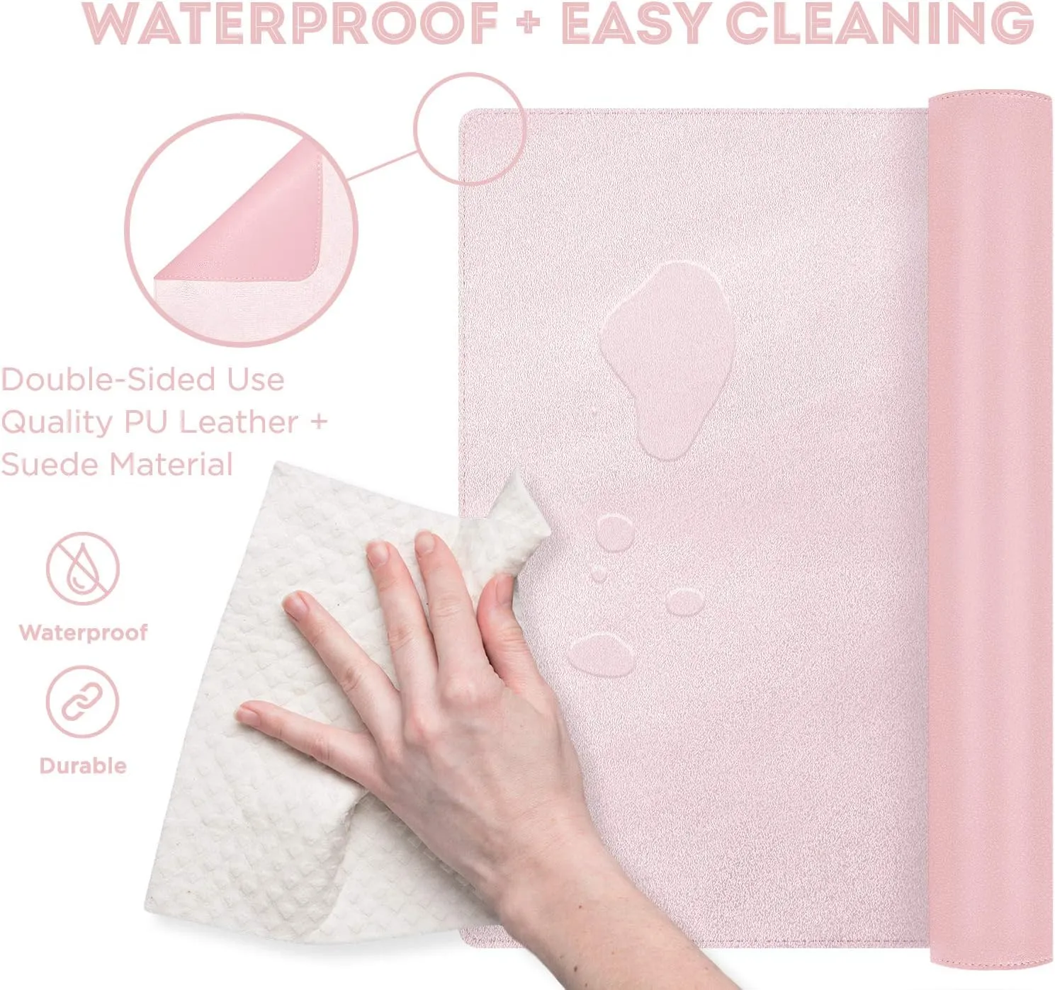 FTC PU Leather Desk Pad and Blotter, Non-Slip Flannelette Base, Stitched, Computer Gaming, Keyboard, Mouse Pad and Writing Protector for Office - Pink 31.5 X 15.75 Inches