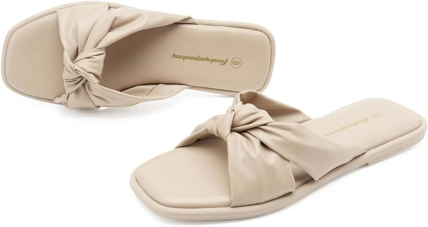 FUNKYMONKEY Women's Flat Sandals Square Open Toe Summer Casual Dress Women's Slide Shoes