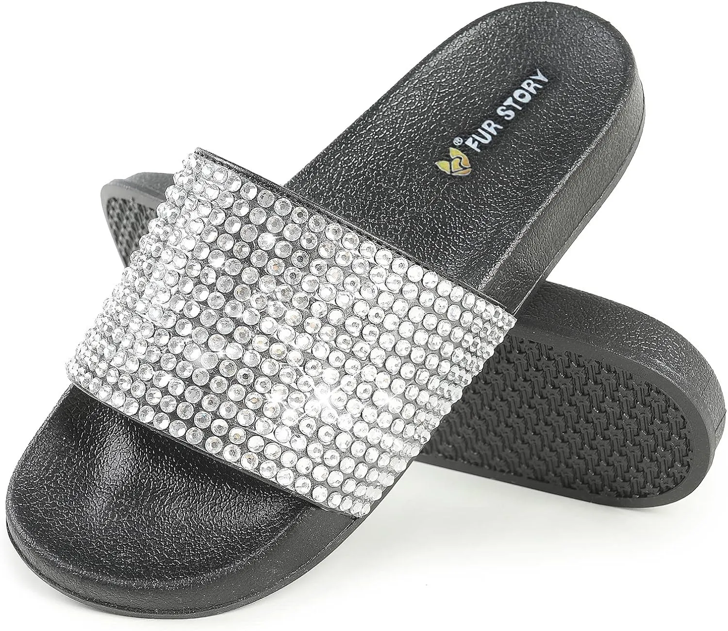 Fur Story Womens Slides House Slippers Rhinestone Glitter Slides Cute bling Flat for Women Platform Sandals Cozy Bedroom Slippers Shower Shoes