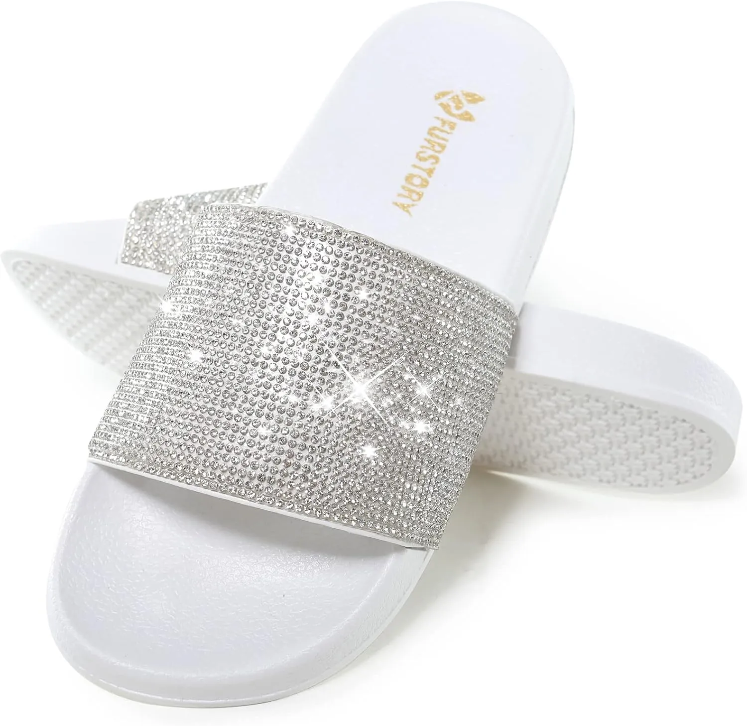 Fur Story Womens Slides House Slippers Rhinestone Glitter Slides Cute bling Flat for Women Platform Sandals Cozy Bedroom Slippers Shower Shoes