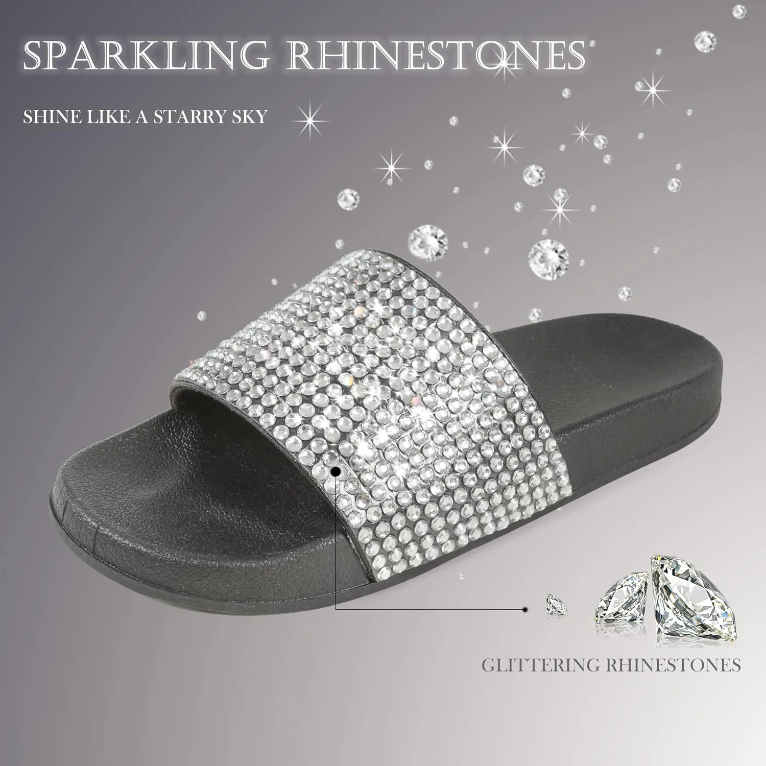 Fur Story Womens Slides House Slippers Rhinestone Glitter Slides Cute bling Flat for Women Platform Sandals Cozy Bedroom Slippers Shower Shoes