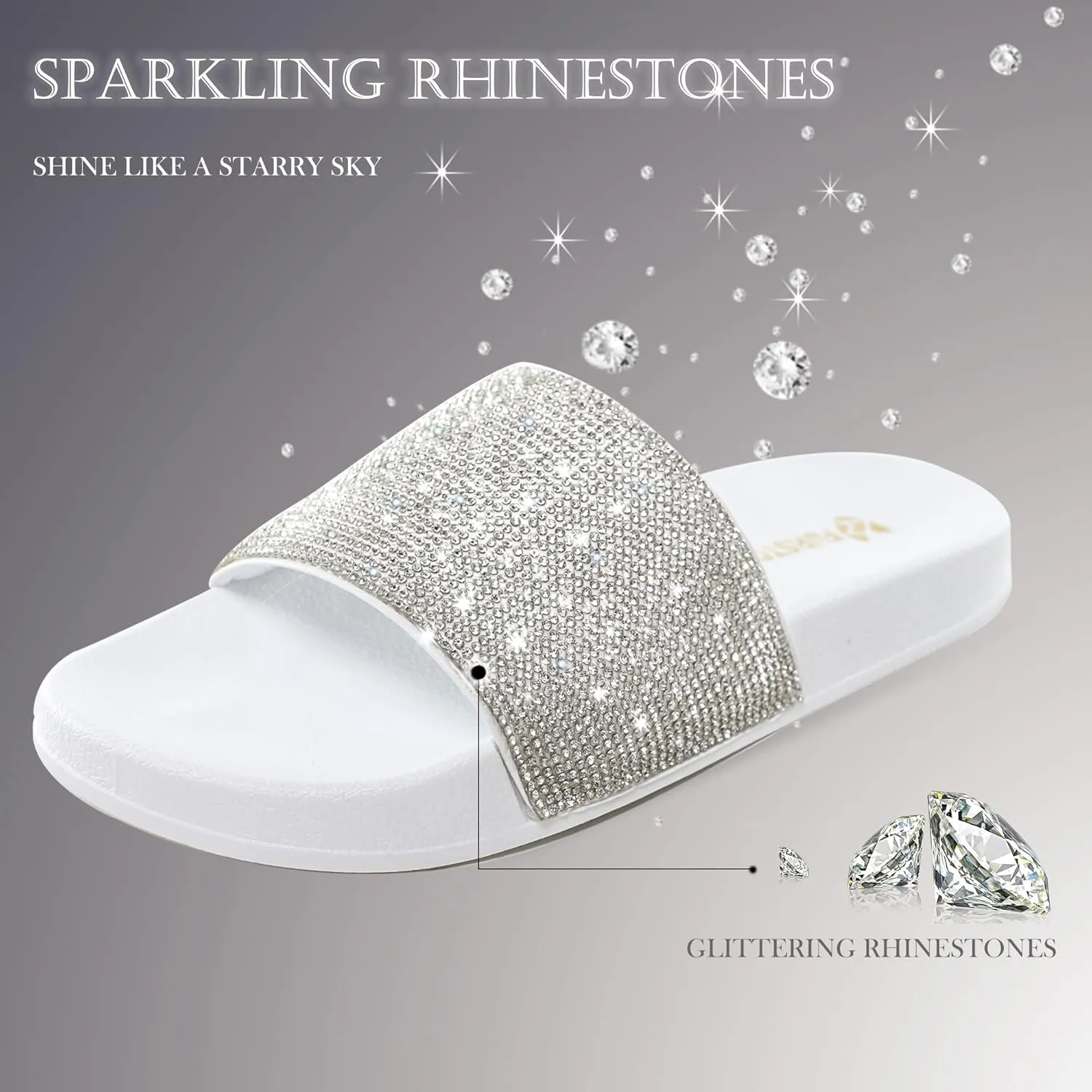 Fur Story Womens Slides House Slippers Rhinestone Glitter Slides Cute bling Flat for Women Platform Sandals Cozy Bedroom Slippers Shower Shoes
