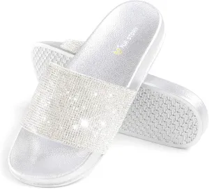 Fur Story Womens Slides House Slippers Rhinestone Glitter Slides Cute bling Flat for Women Platform Sandals Cozy Bedroom Slippers Shower Shoes