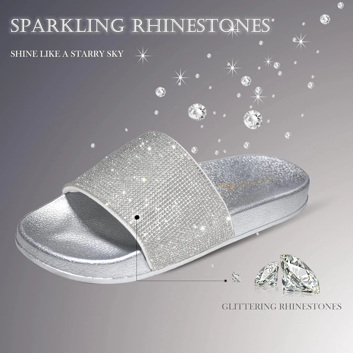 Fur Story Womens Slides House Slippers Rhinestone Glitter Slides Cute bling Flat for Women Platform Sandals Cozy Bedroom Slippers Shower Shoes