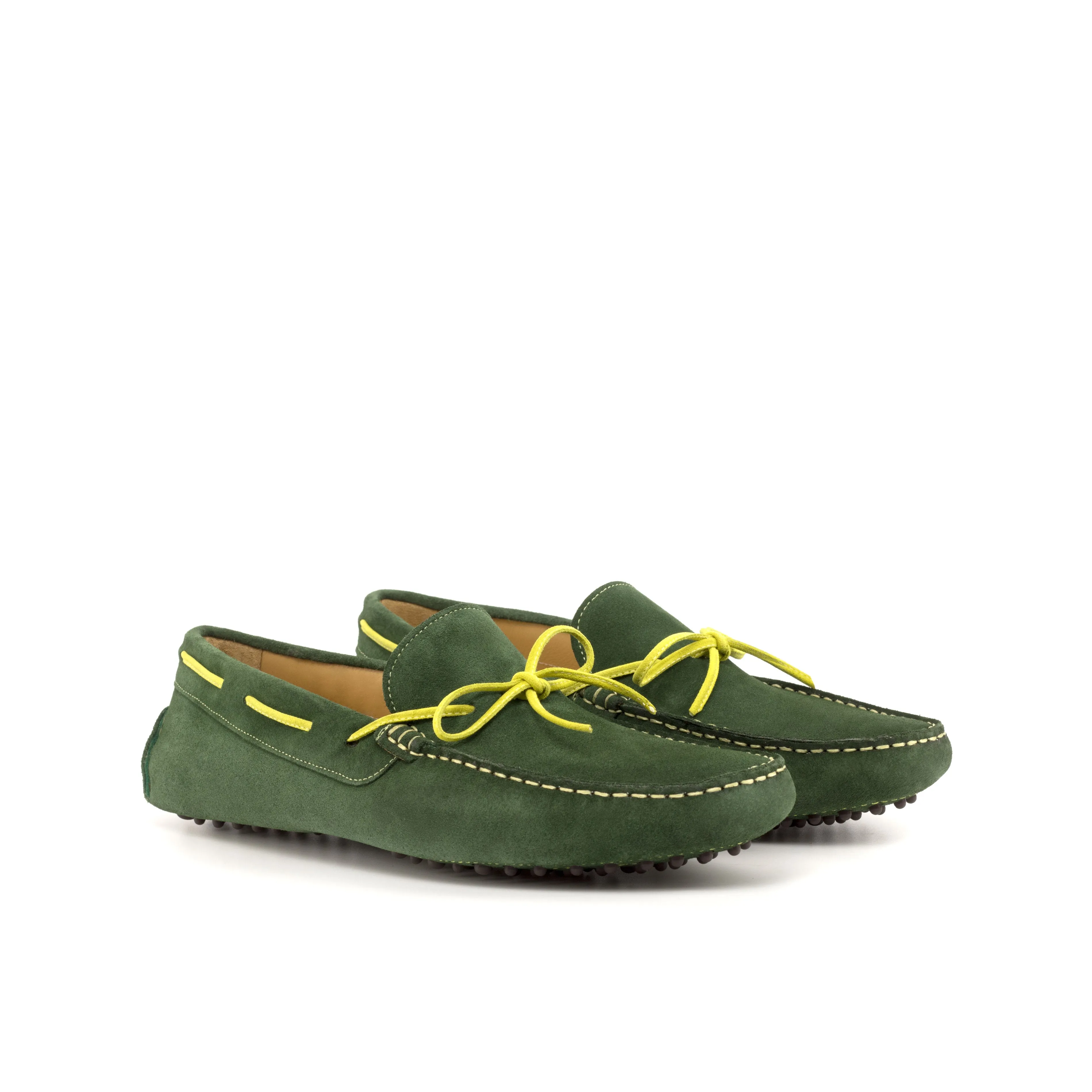 Gentlemen Gommini Driver - Dark Green Suede Calf Leather combined with Yellow Suede Calf Leather