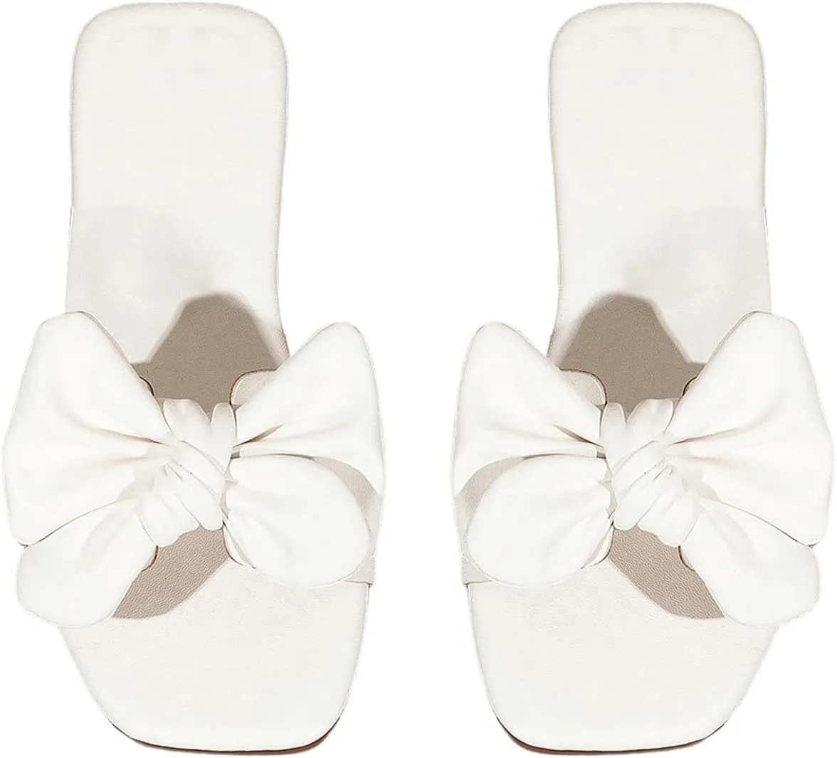 GORGLITTER Girl's Bow Slip on Sandals Square Open Toe Flat Sandals for Outdoors