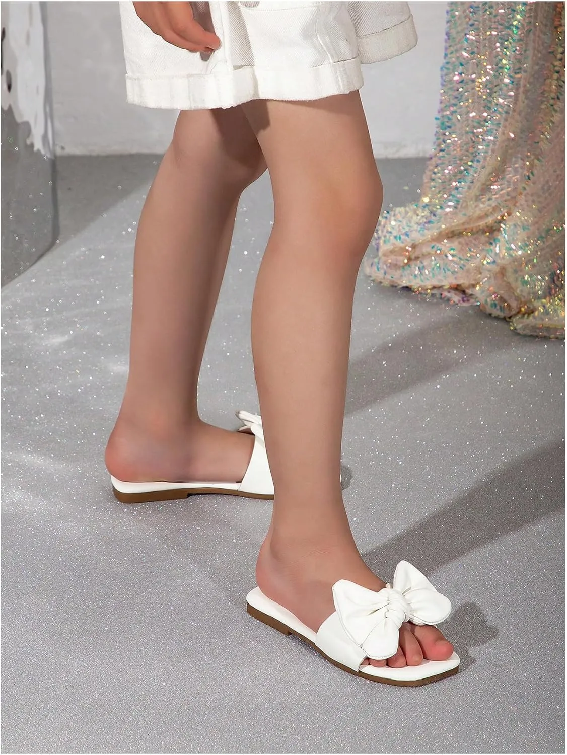 GORGLITTER Girl's Bow Slip on Sandals Square Open Toe Flat Sandals for Outdoors