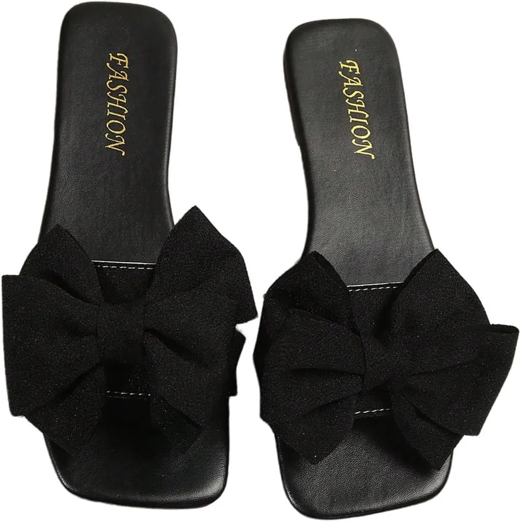 GORGLITTER Women's Bow Flat Sandals White Sandals Open Toe Slip On Slides Shoes