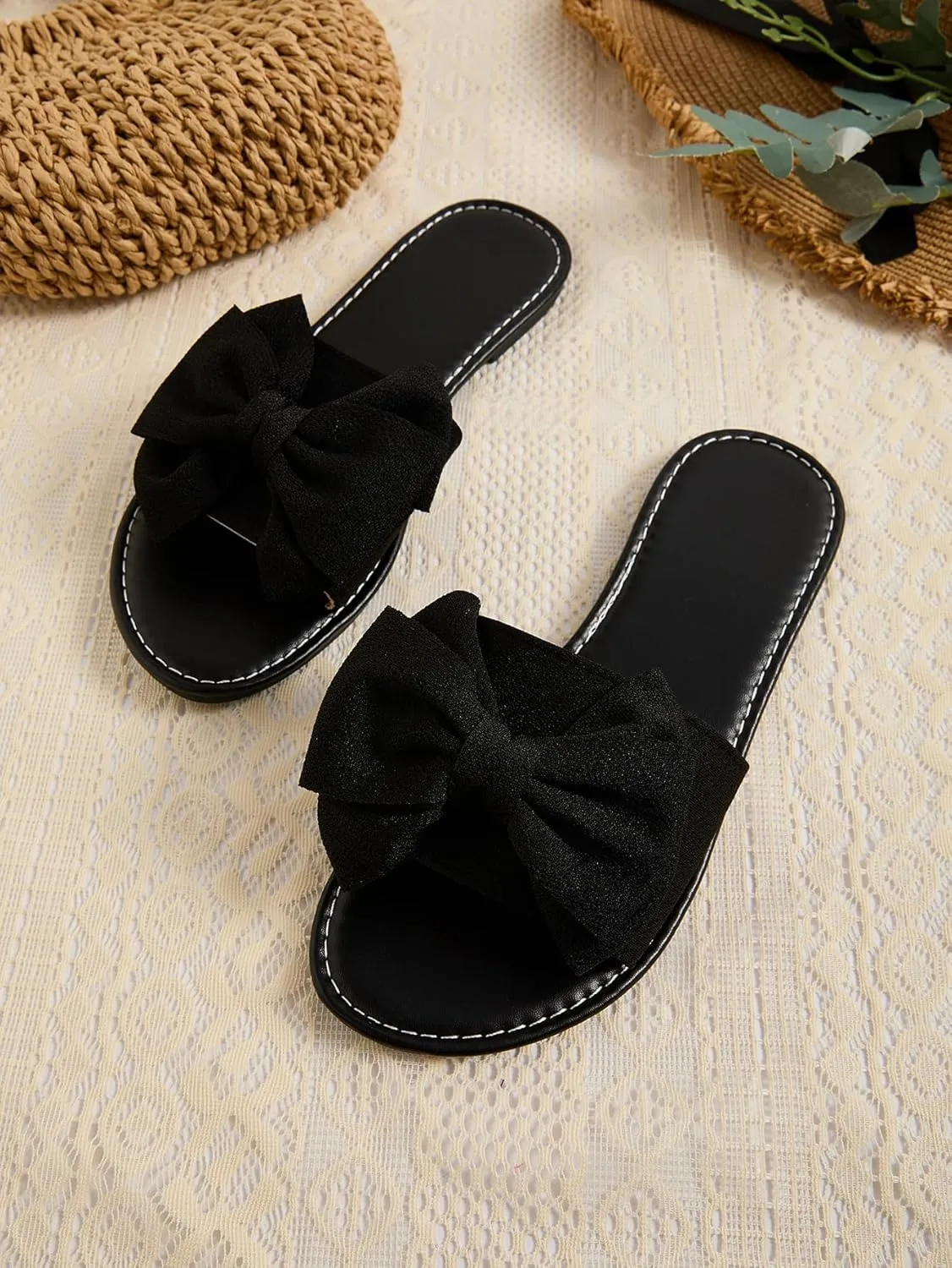 GORGLITTER Women's Bow Sandals Fancy Open Toe Slip On Slide Sandals