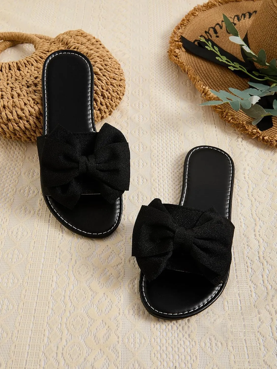 GORGLITTER Women's Bow Sandals Fancy Open Toe Slip On Slide Sandals