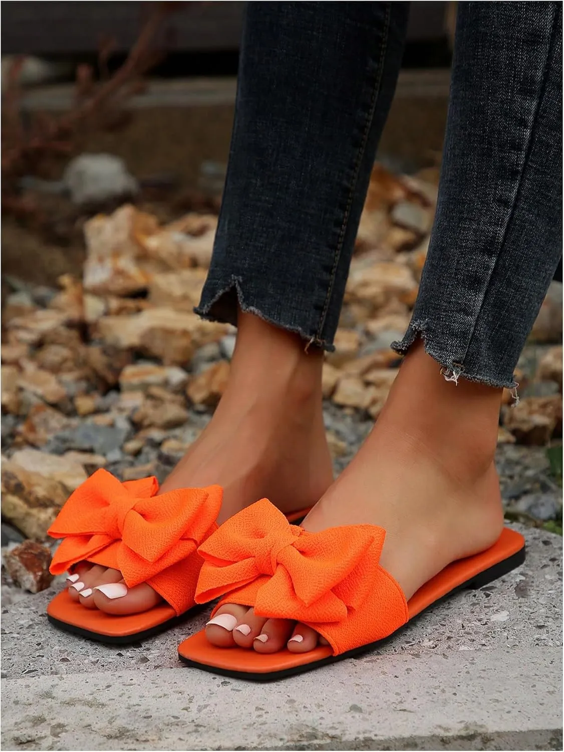 GORGLITTER Women's Bow Sandals Square Open Toe Slip on Dressy Summer Sandals
