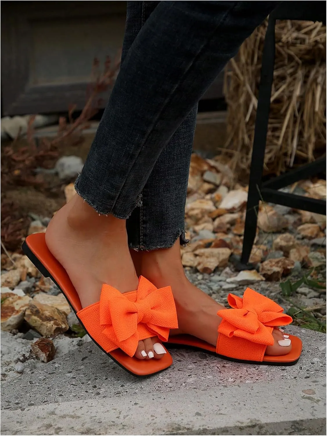 GORGLITTER Women's Bow Sandals Square Open Toe Slip on Dressy Summer Sandals