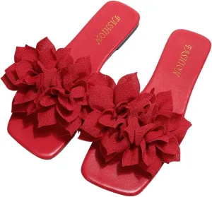 GORGLITTER Women's Flower Applique Flat Sandals Slip on Slide Dressy Vacation Sandals