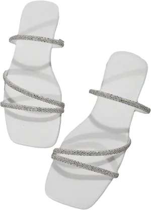 GORGLITTER Women's Rhinestone Flat Sandals Strappy Slip on Open Toe Slide Sandals