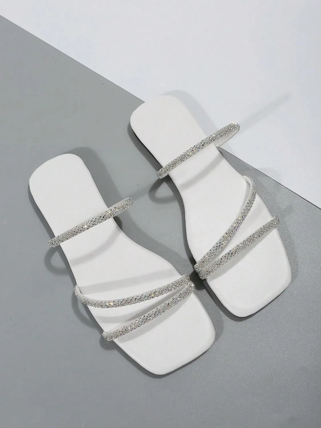 GORGLITTER Women's Rhinestone Flat Sandals Strappy Slip on Open Toe Slide Sandals