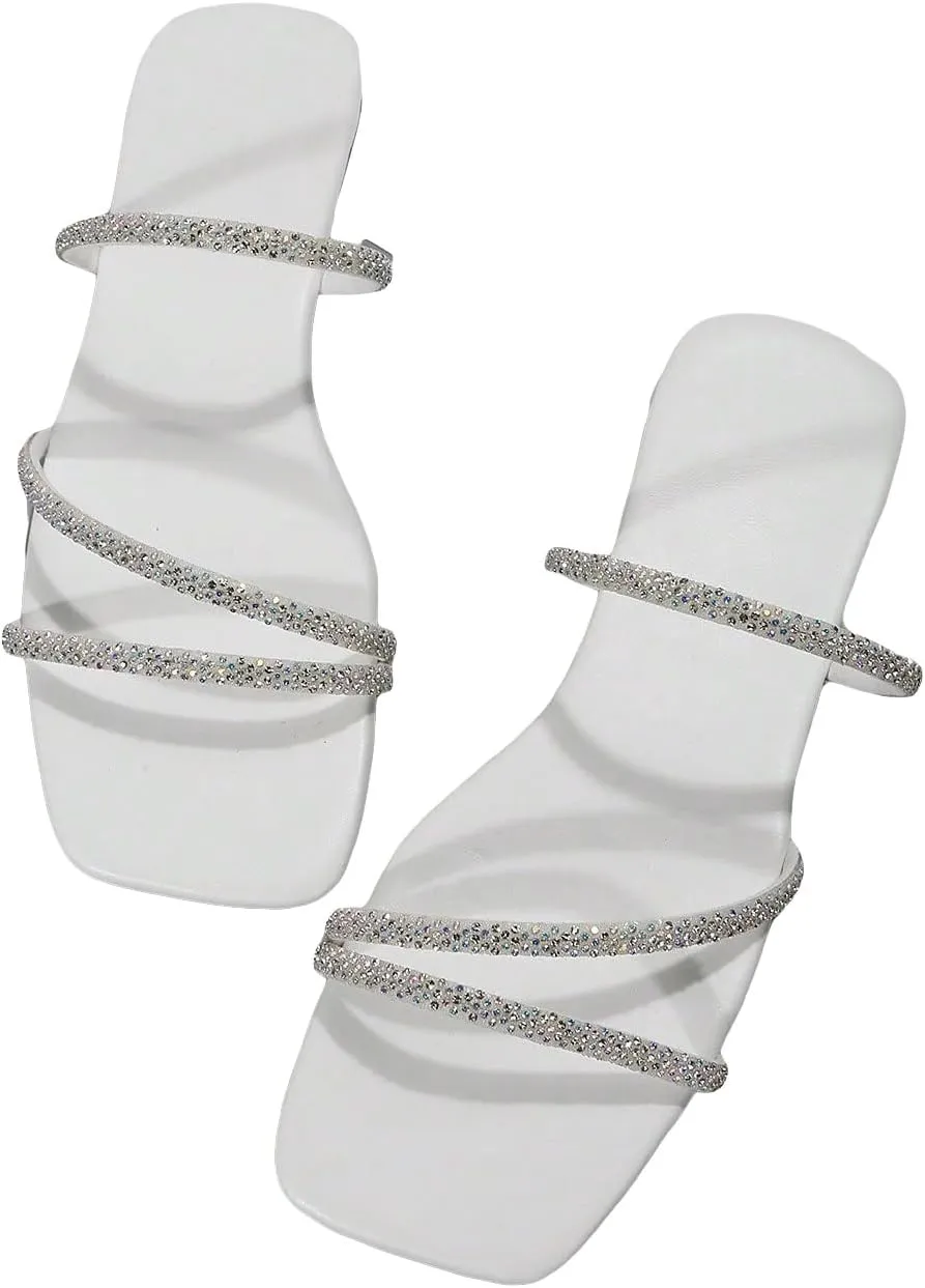 GORGLITTER Women's Rhinestone Flat Sandals Strappy Slip on Open Toe Slide Sandals
