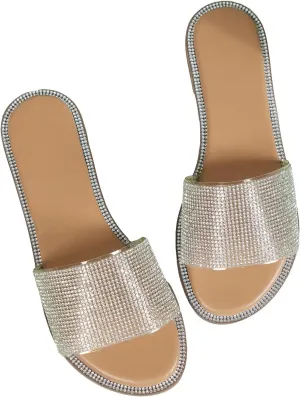 GORGLITTER Women's Rhinestone Glitter Sandals Slip on Sandals Open Toe Sparkle Slides Sandals