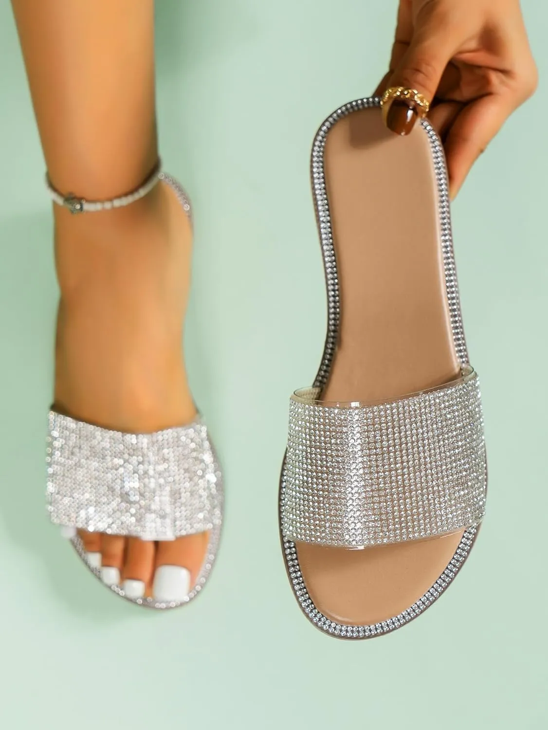 GORGLITTER Women's Rhinestone Glitter Sandals Slip on Sandals Open Toe Sparkle Slides Sandals