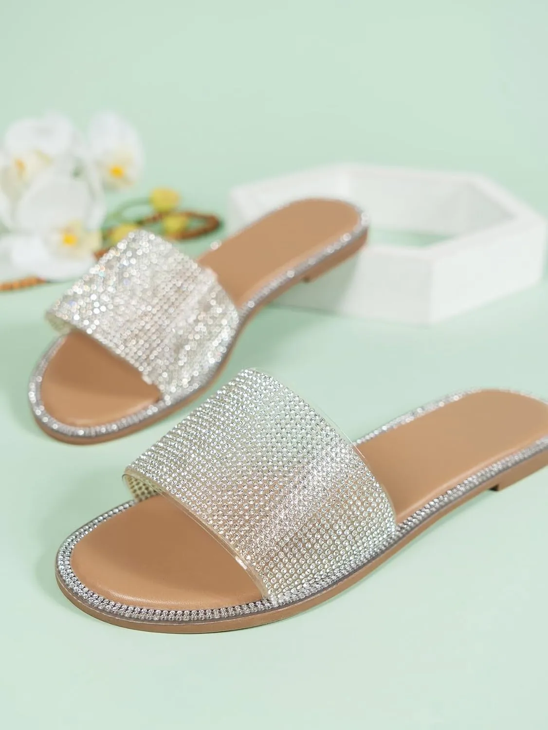 GORGLITTER Women's Rhinestone Glitter Sandals Slip on Sandals Open Toe Sparkle Slides Sandals