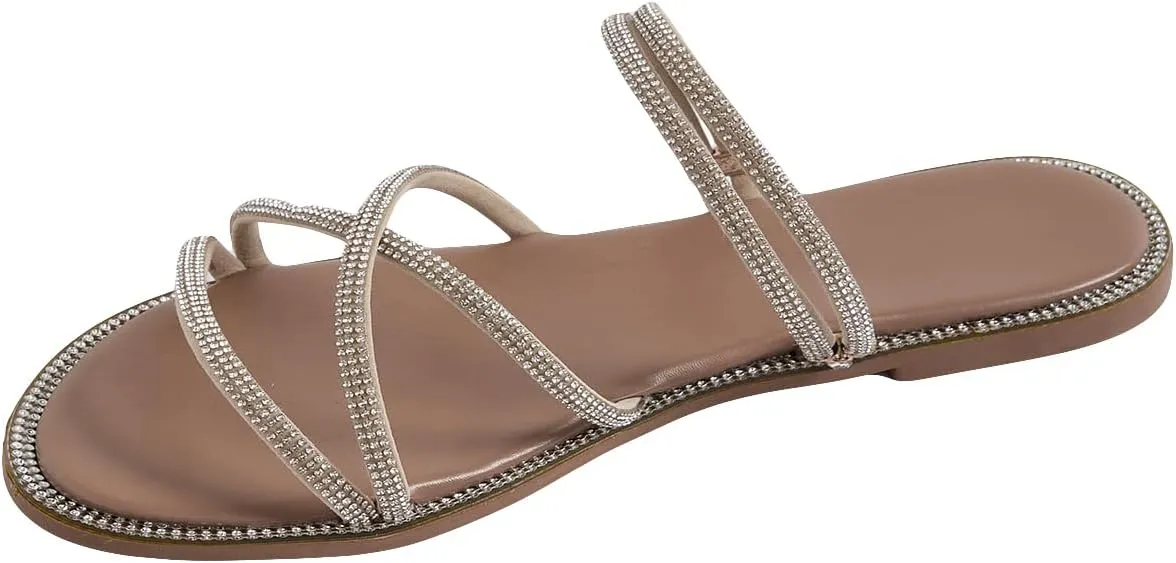 GORGLITTER Women's Rhinestone Sandals Strappy Flat Cross Strap Slip on Slide Dress Sandal