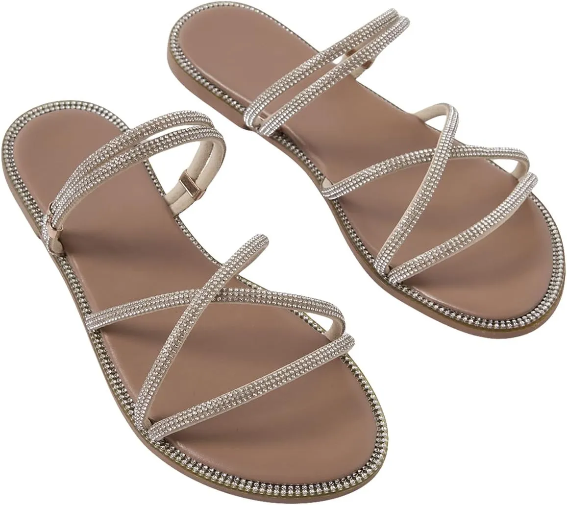 GORGLITTER Women's Rhinestone Sandals Strappy Flat Cross Strap Slip on Slide Dress Sandal