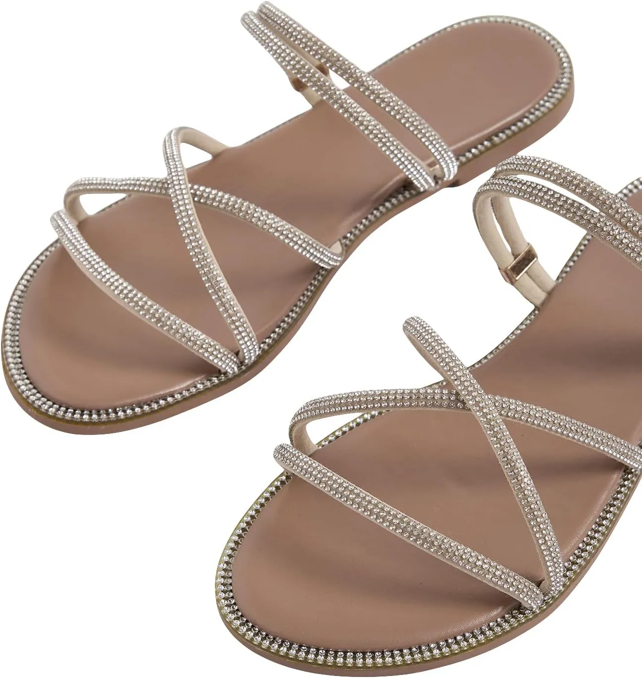 GORGLITTER Women's Rhinestone Sandals Strappy Flat Cross Strap Slip on Slide Dress Sandal