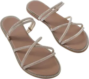 GORGLITTER Women's Rhinestone Sandals Strappy Flat Cross Strap Slip on Slide Dress Sandal