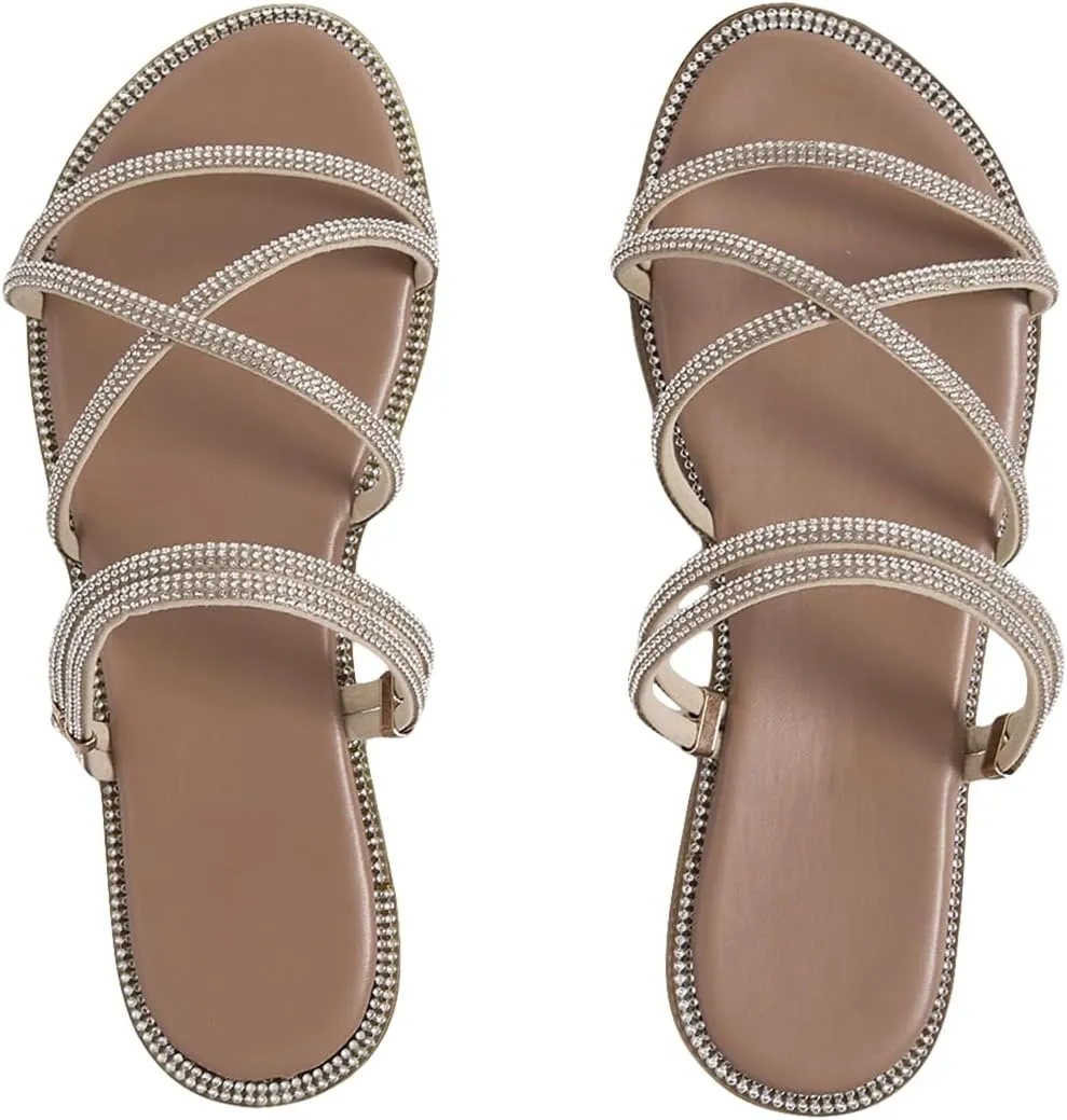 GORGLITTER Women's Rhinestone Sandals Strappy Flat Cross Strap Slip on Slide Dress Sandal