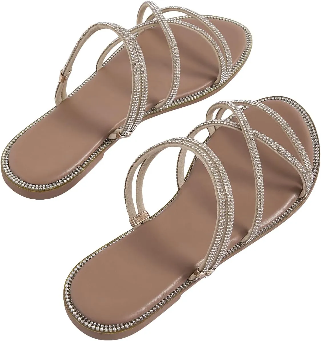 GORGLITTER Women's Rhinestone Sandals Strappy Flat Cross Strap Slip on Slide Dress Sandal