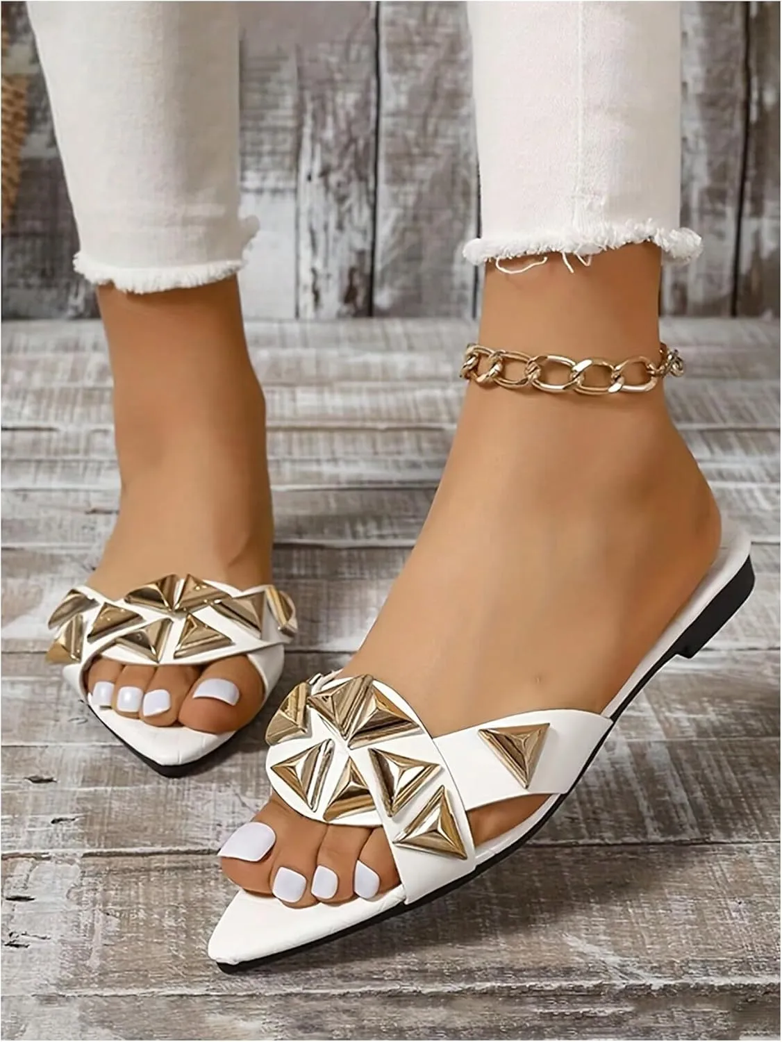 GORGLITTER Women's Studded Sandals Pointed Open Toe Slip on Slide Sandals