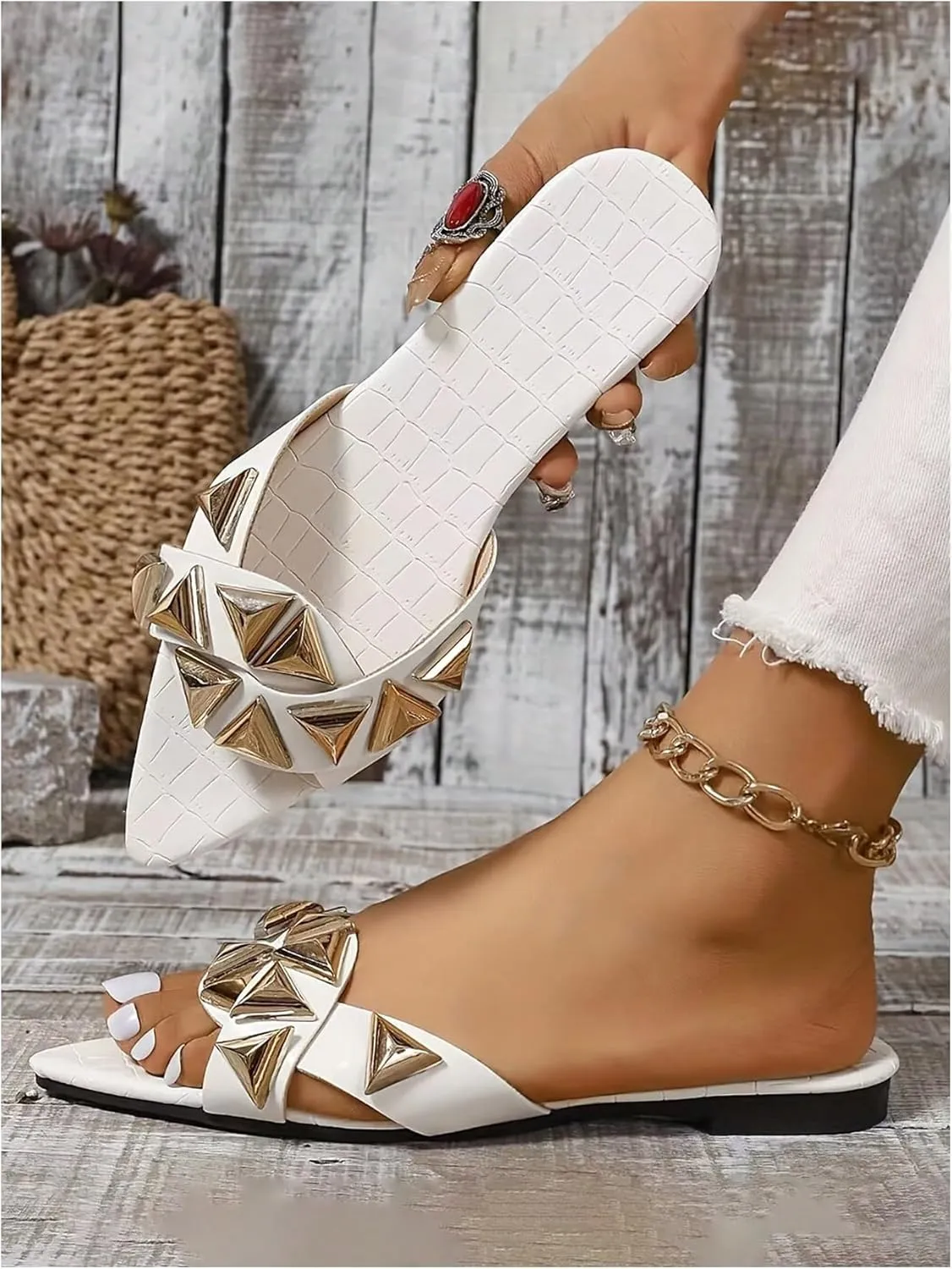 GORGLITTER Women's Studded Sandals Pointed Open Toe Slip on Slide Sandals